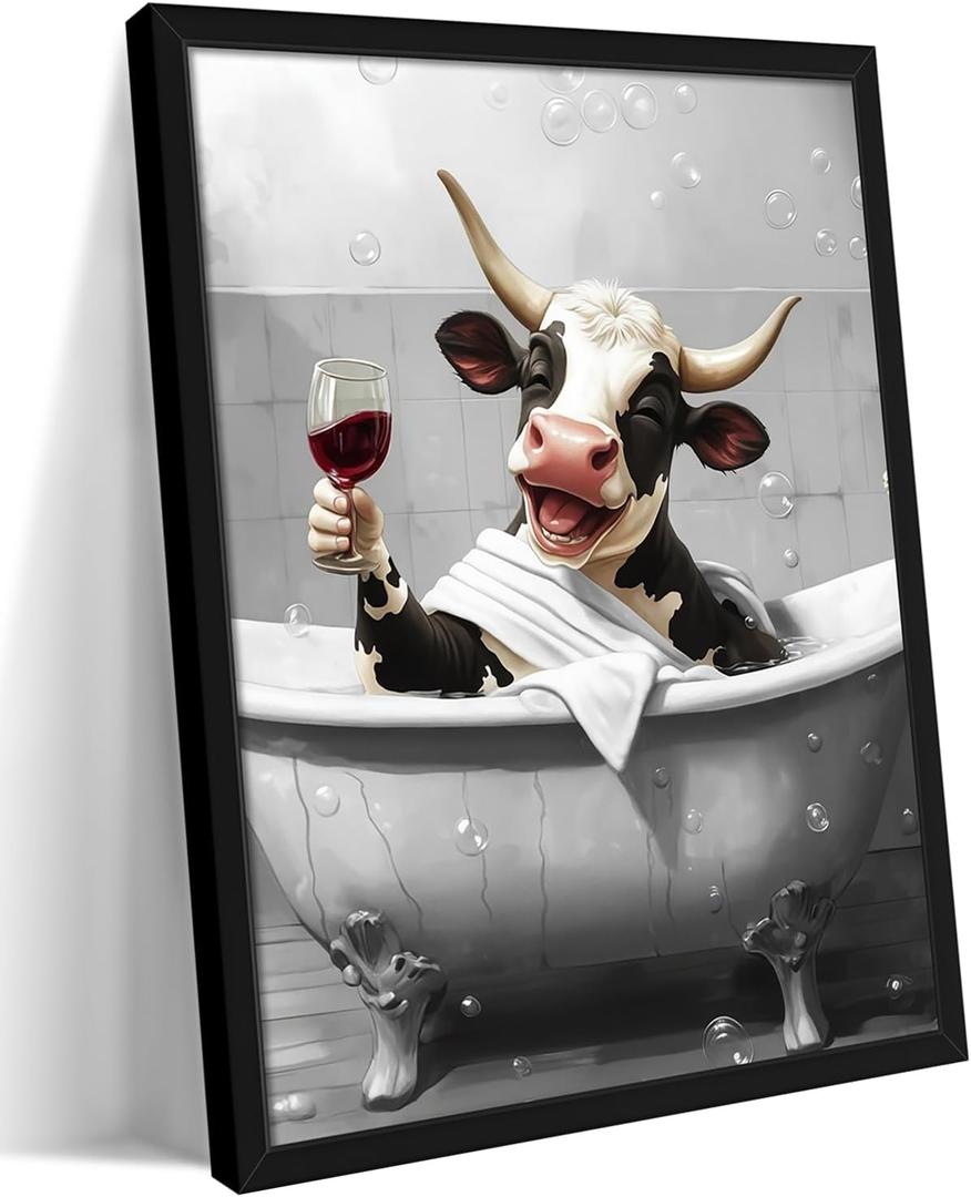 Funny Bathroom Wall Art, Black and White Cow Canvas Wall Decor Painting, Modern Rustic Farmhouse Humor Animal Artwork Prints Pictures for Restroom Bathroom 12x16 Inch Black Framed