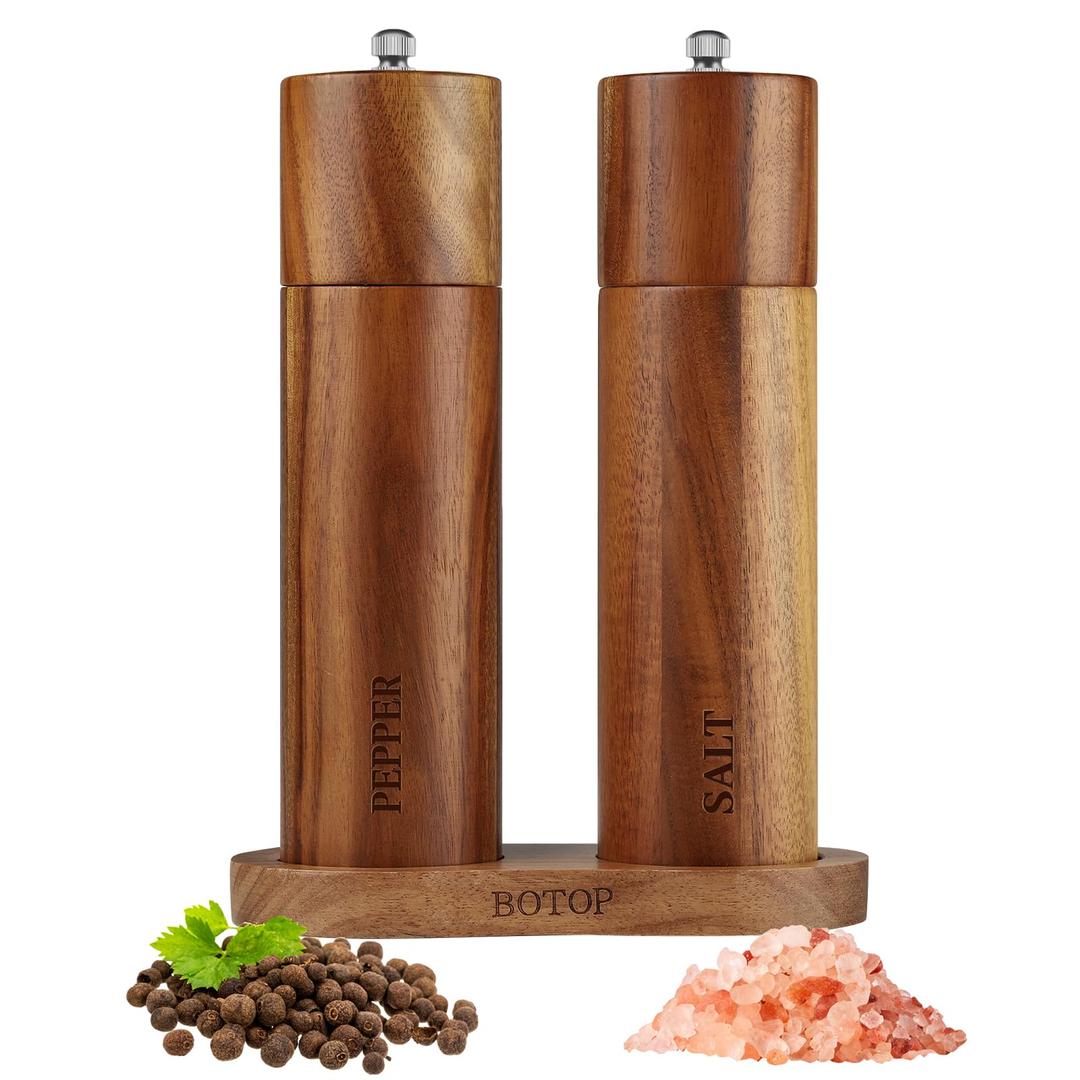 Acacia Wood Salt and Pepper Grinder Set with Base - Adjustable Ceramic Rotor Manual Pepper Mill and Salt Shaker - Refillable Wooden Spice Grinders for Kitchen Cooking, Farmhouse Decor & Gifts