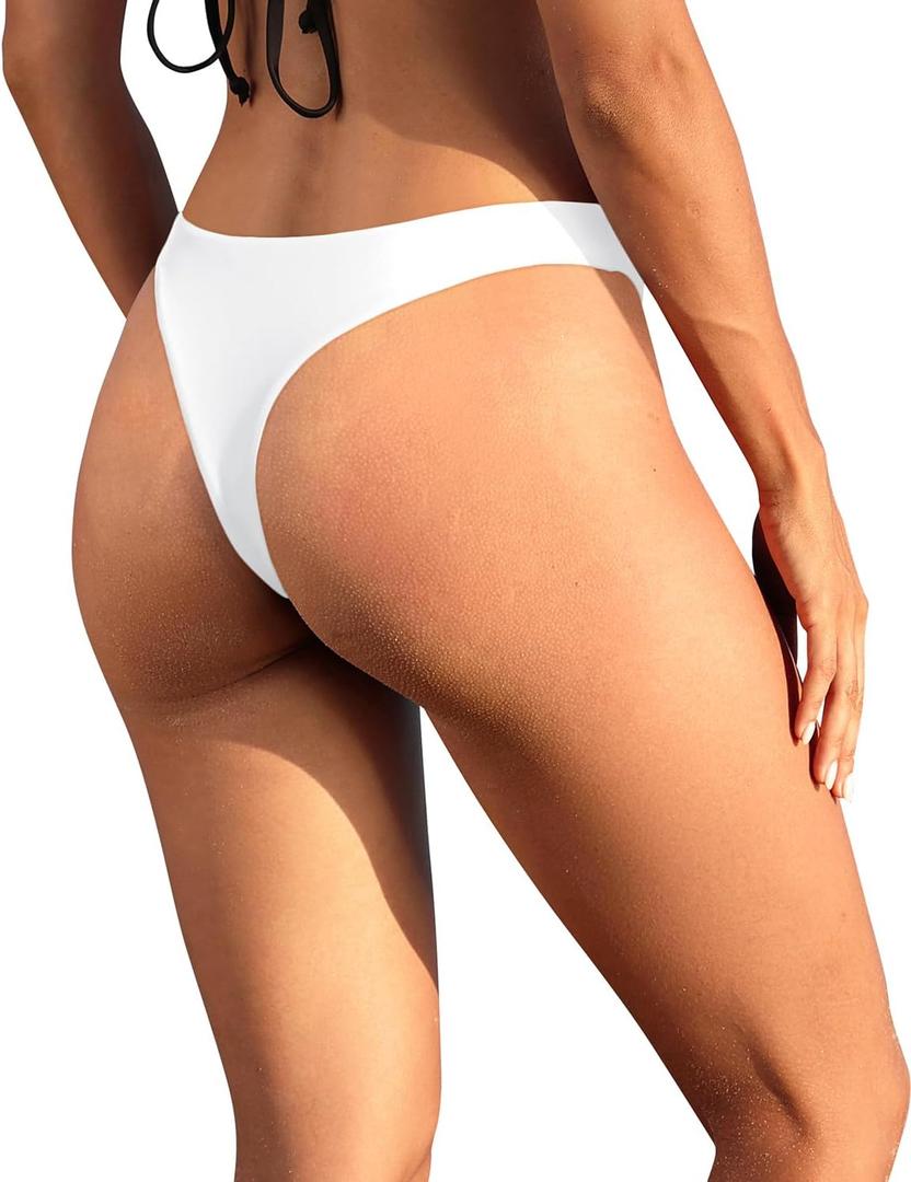 Yonique Women Thong Bikini Bottom Bathing Suit Bottom (Small, White)