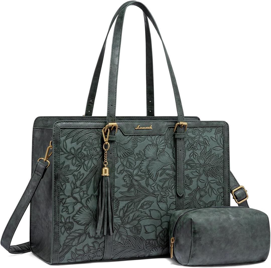 LOVEVOOK Laptop Bag for Women Vintage Leather Laptop Tote 15.6 inch Large Capacity Computer bag with Clutch Purse for Work (Green Embossed)
