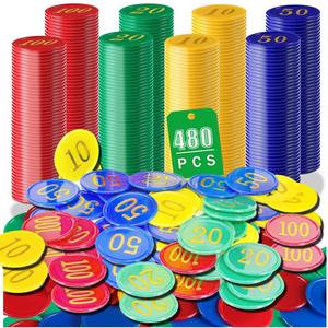 Bulk Plastic Poker Chips Set with Numbers,Denomination Printed Casino Style Chip for Texas Home Game Holdem Poker Nights,Blackjack or Roulette Games,Casino Parties (480 pcs)