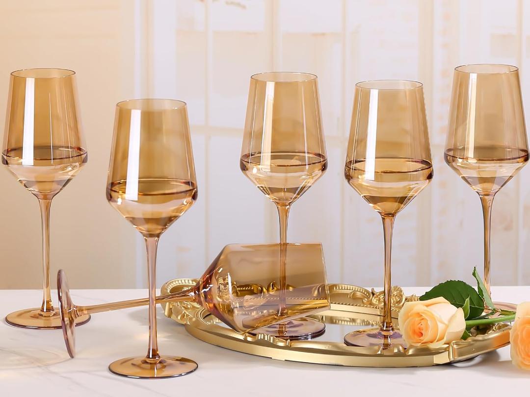 Physkoa Brown/Amber Wine Glasses Set of 6-15oz Hand Blown Crystal Colored Wine Glasses with Long Stem, Wedding, Birthday, Valentine's Day Glassware