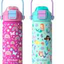 Kids Insulated Water Bottle with Pop-Open Straw & Spout 2-in-1 Lid, 18oz Leak Proof 18/8 Stainless Steel Vacuum Tumbler, BPA-Free Kids Cup For Travel School Boys Girls Toddler, Rainbow & Mermaid