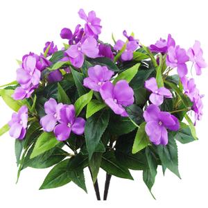 2 Pcs Artificial Impatiens Flowers for Outdoors Faux Impatiens Bushes Purple Silk Flowers Greenery Faux Flowers for Outdoor Planters Patio Lawn Garden Balcony Pot Hanging Basket Porch Decor