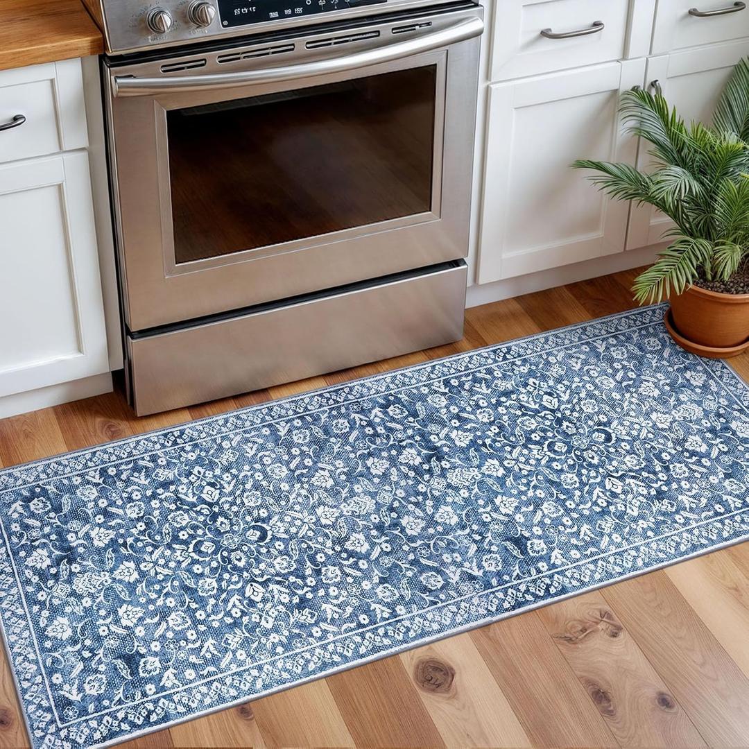 Vintage Washable 2x5 Rug, Denim Blue White Hallway Runner, Super Soft Non-Slip Kitchen Runner, Print Faux Wool Floral Thin Carpet for Entryway & Bedside (2ft x 5ft (Runner), Denim Blue and White)