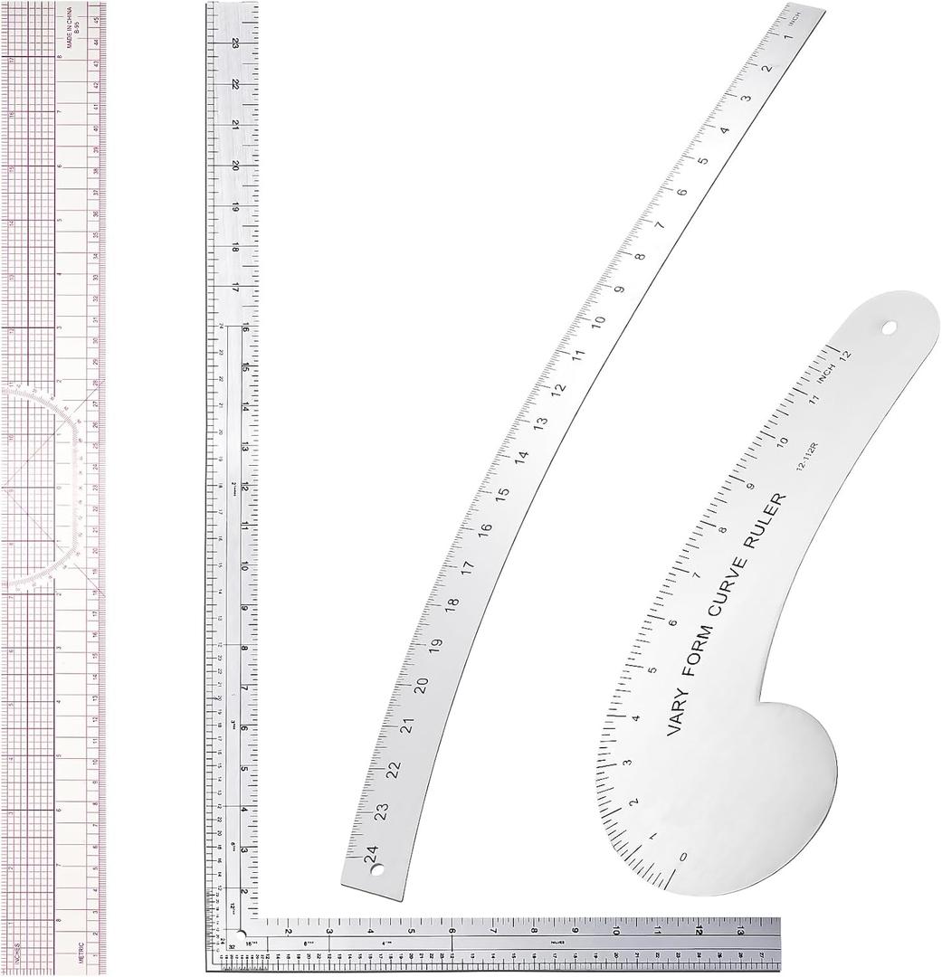 Xuhal 4 Pcs Fashion Sewing Ruler with French Curves Aluminum Designers Ruler Kit Includes Curve, Hip, L Square and Plastic Grading for Design Crafts Sewing