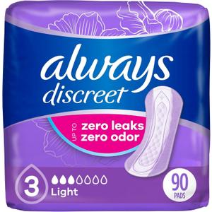 Always Discreet Adult Incontinence Pads for Women, Light Absorbency, Regular Length, Postpartum Pads, 30 Count x 3 Packs (90 Count Total) (Packaging May Vary)