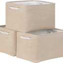 Bidtakay Large Storage Baskets for Shelves 3 Pack Fabric Storage Bins for Organizing Linen Collapsible Organizer for Closet-Flaxen (3 Pack-M-15x11x9.5 In)