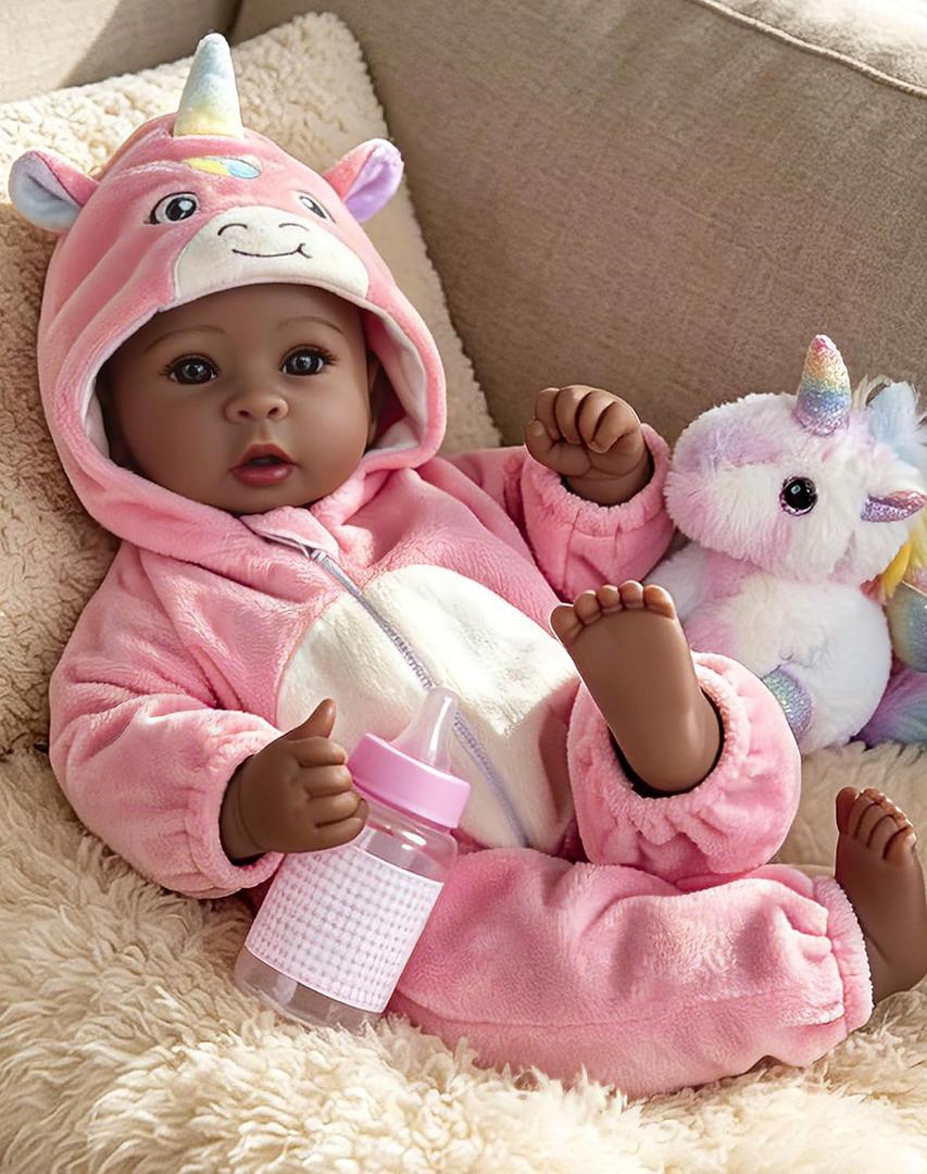 Aori 17 Inch Black Baby Dolls Realistic Black Doll with Light Weighted Soft Body & Pink Outfits for Girls 3+ | Pretend Play, Dress Up, Nursery Decor