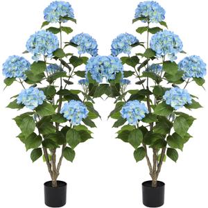 Nafresh 4FT Real Touch Faux Hydrangea Tree Outdoor, 2 Pack Blue Hydrangea Tree Artificial with Vibrant Blooms, Faux Hydrangea Potted Plant for Indoor Outdoor Home Front Porch Pation Decor