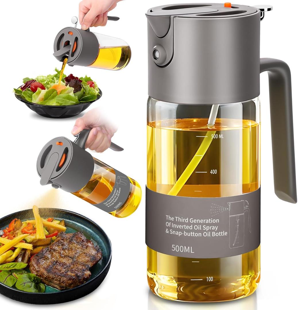 Oil Sprayer for Cooking, 2025 Large Advanced Olive Oil Dispenser Bottle,500ml/17oz Glass Olive Oil Sprayer,2 in 1 Even Spray with Portion Control for Kitchen, Air Fryer, Salad, BBQ - Gray