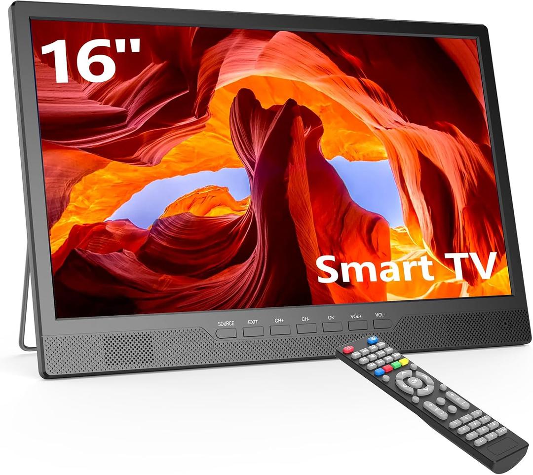 Desobry 16 Inch Small Smart TV, LCD Small Kitchen TV with WiFi, Bulit-in 180Adjustable Stand/ATSC Tuner/HDMI/AV/USB for Camping, Bedroom, RV, Patio, Indoor & Outdoor Use