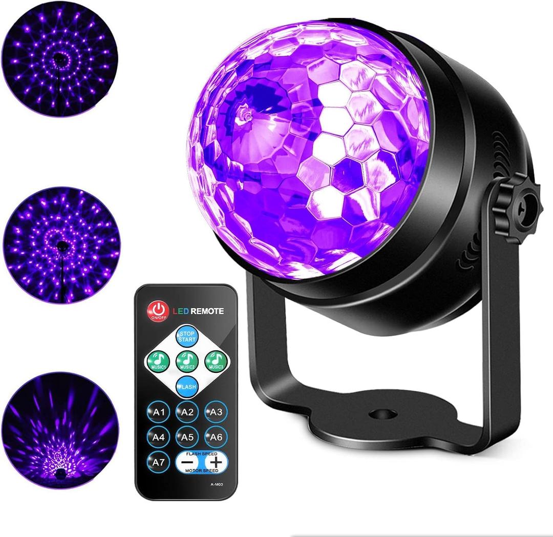 Litake UV Black Lights for Glow Party, 6W LED Disco Ball Strobe Lights for Dark Party Supplies, Sound Activated with Remote Control, Dj Light for Halloween Xmas Birthday Party Home Decorations, 1 Pack