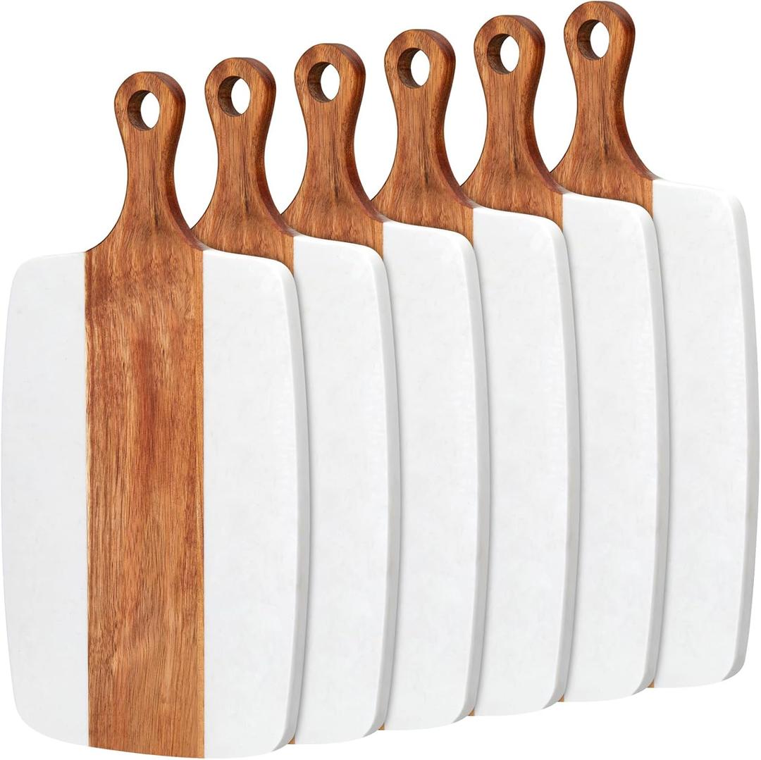 Zubebe 6 Pcs Marble and Wood Cutting Board Acacia Wooden Marble Serving Tray with Handle Charcuterie Chopping Board for Kitchen Wedding Bridal Shower Gift(14 Inches X 7 Inches)