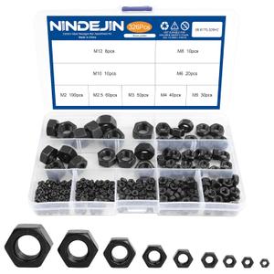 NINDEJIN 326 pcs Metric Black Hex Nuts Assortment Kit M2 M2.5 M3 M4 M5 M6 M8 M10 M12 Assorted Metric Hardware Nuts Set 9 Sizes Carbon Steel Metal Hex Nuts for Screw Bolt