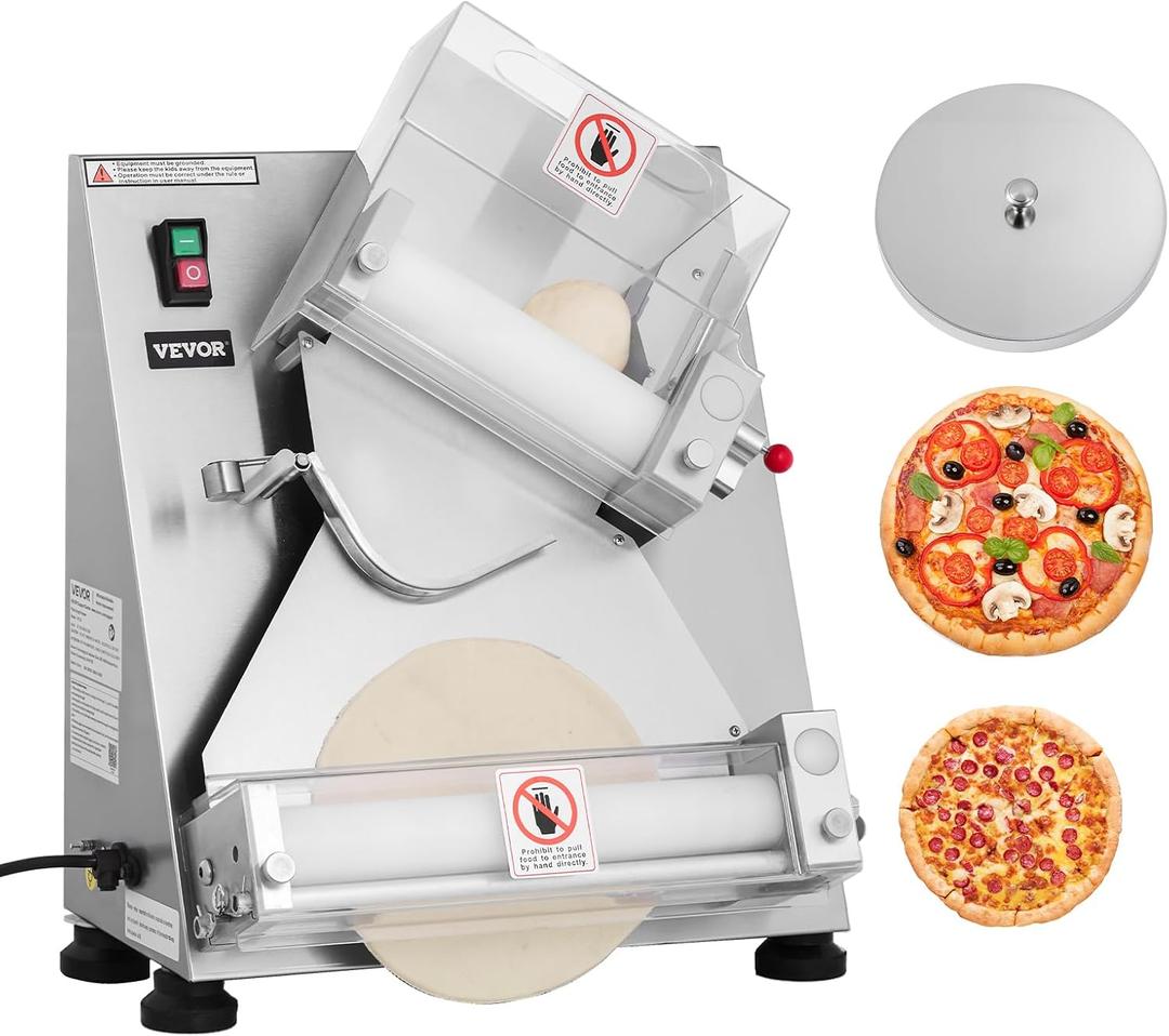 VEVOR Pizza Dough Roller Sheeter, 3-14 Inch Automatic Stainless Steel Pizza Press, Commercial Electric 370W Pasta Maker Machine, 260 pcs Per Hour, Adjustable Thickness, with Dough Press Lid