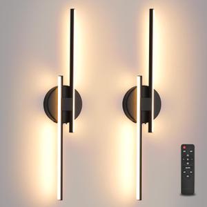 Rechargeable Battery Operated Wall Sconce Set Of Two, Black Wireless LED Wall Sconces With Remote Control, Dimmable 3 Colors Cordless wall lights for Living Room, bedroom, Hallway, 23.6 Inch ( 2pcs), 23.6" 2-Pack