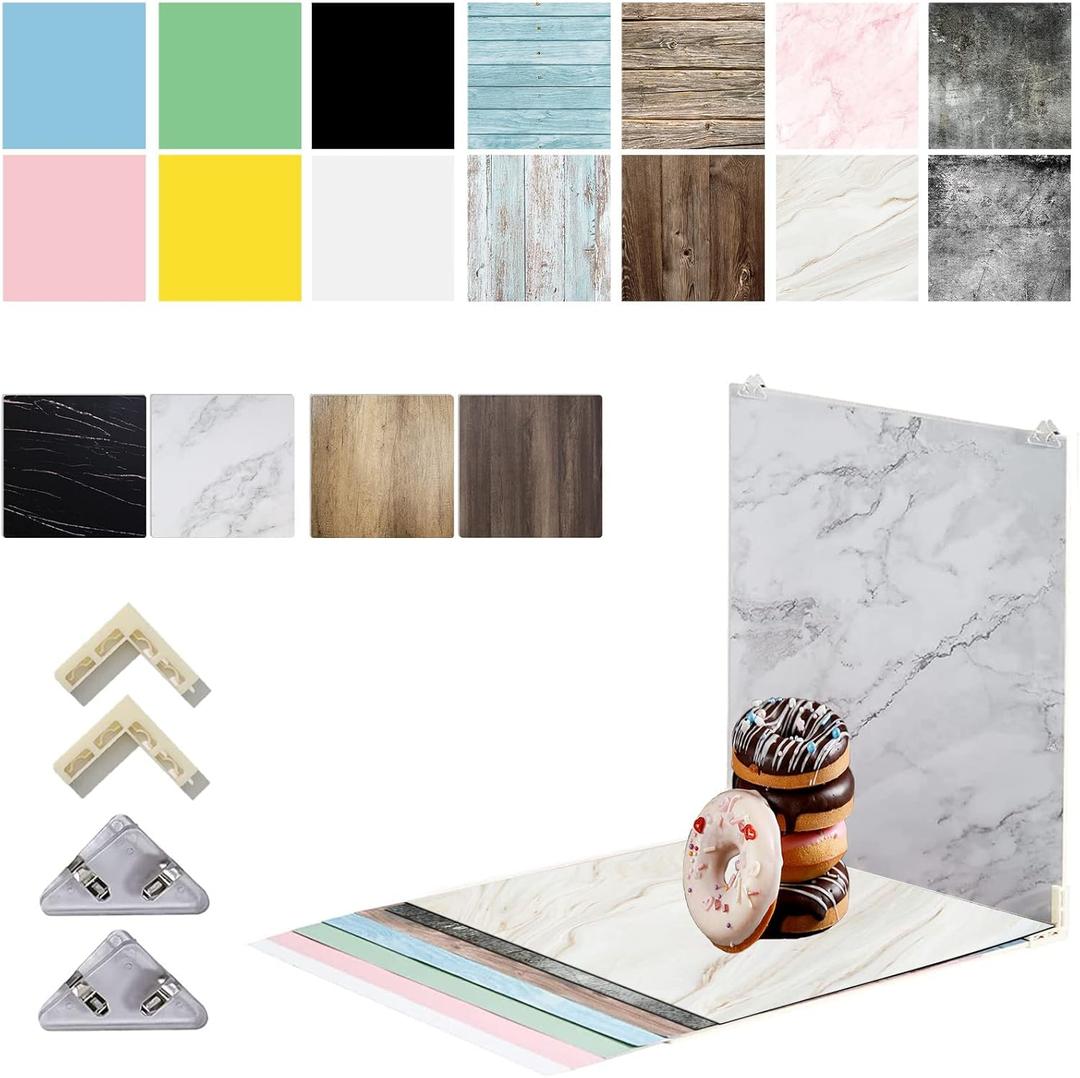9PCS 18Patterns Big 24x24IN Double Sided 3D Product Photography Background Boards with 4 brakets, Waterproof Reusable Photo Backdrop Props for Food Jewelry Cosmetics (Blue Pink Black)