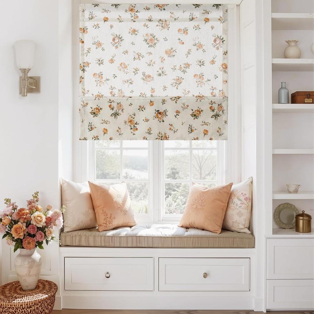 StangH Cordless Linen Floral Roman Shades, Magnetic Easy Handle Window Blind with Privacy Vintage Cottage Oak Yellow Rose Printed Blind for Home Office Nursery, W 32 x L 64, 1 Panel