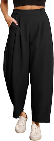 Womens Wide Leg Barrel Pants Elastic High Waisted Trousers Business Work Casual Palazzo Pants with Pockets
 XXL