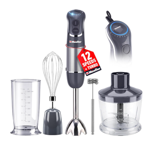 Mueller Multistick 5-in-1 Immersion Blender Handheld,12 Speed Hand Mixer-Turbo Boost,Heaviest Duty Copper Motor,Titanium reinforced Blades Hand Blender,Milk Frother Wand,Whisk,Beaker,Chopper,Grey