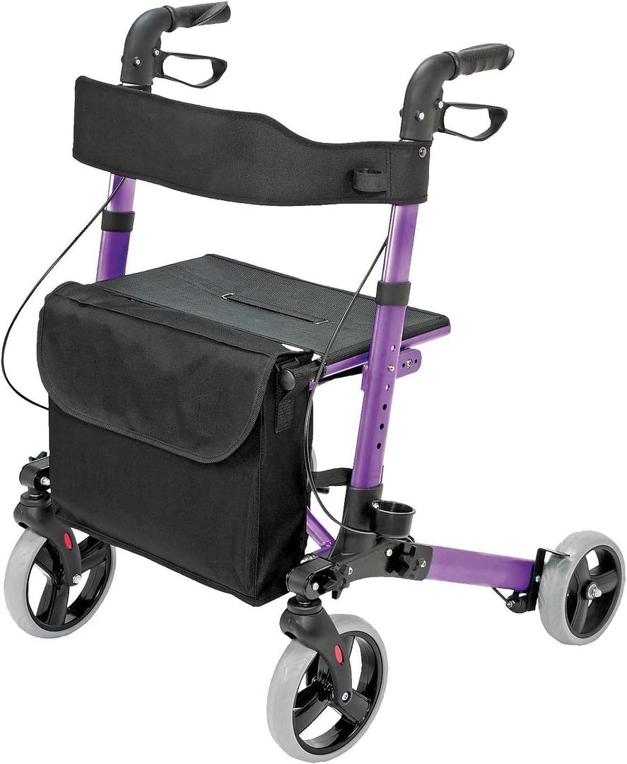 HealthSmart Walker Rollator with Seat and Backrest, FSA HSA Eligible, Adjustable Handle Height, Storage Bag and a Durable Lightweight Frame That Easily Folds While Supporting up to 300 pounds (Purple)