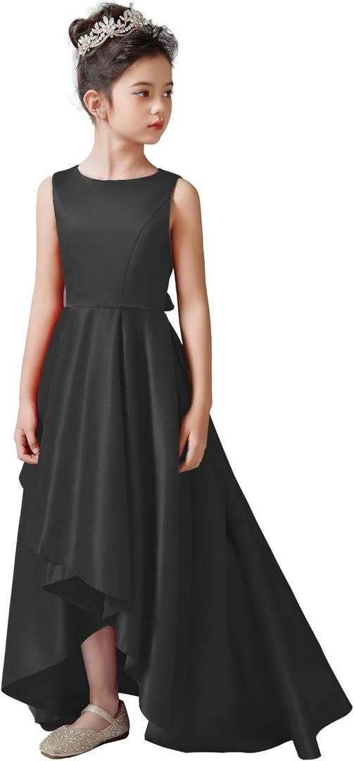dideyttawl Satin Hi-Lo Formal Dress for Girls 4-16 Sleeveless A Line Quinceanera Dresses Flower Girl Dresses for Wedding