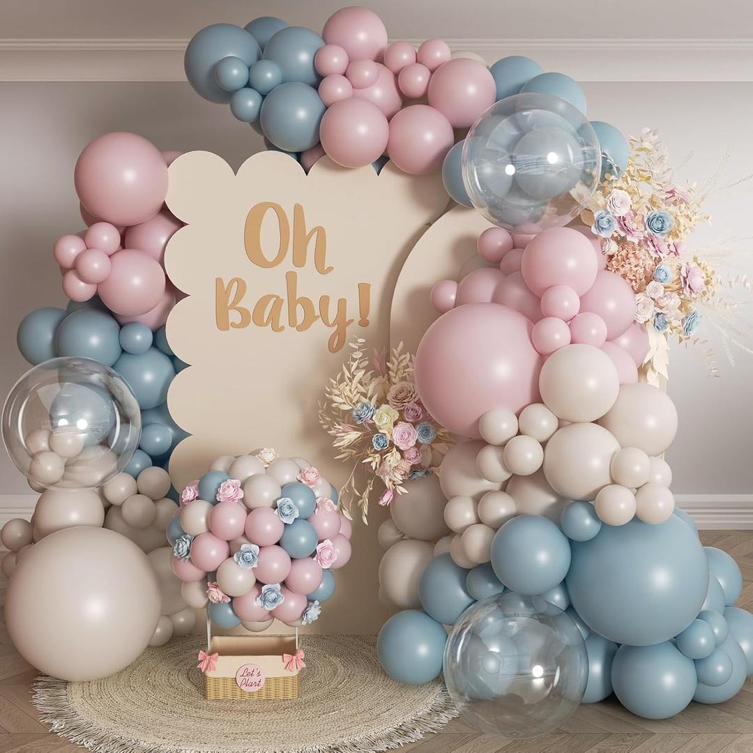 Gender Reveal Balloon Arch Kit 139Pcs Dusty Pink and Fog Blue Balloons White Sand Balloons for Boho Wedding Bride Anniversary Birthday Baby Shower Bridal Bear Theme Decorations