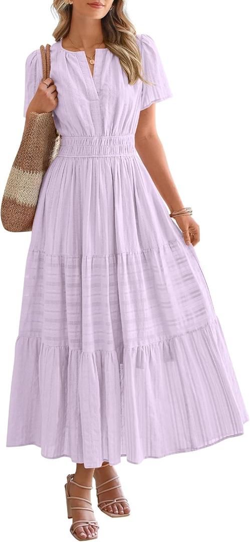 BTFBM Womens Summer 2025 Casual Midi Maxi Dresses Lightweight Short Sleeve V Neck Elastic Waist Boho Beach Dress Pockets (Large, Light Pink Purple) BTFBM Womens Summer 2025 Casual Midi Maxi Dresses Lightweight Short Sleeve V Neck Elastic Waist Boho Beach Dress Pockets (Large, Light Pink Purple)