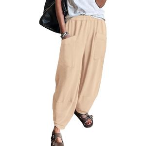 KIRUNDO Wide Leg Pants Woman Elastic Waist 2025 Spring Summer Casual Baggy Stretchy Comfy Harem Lounge Pants with Pockets(Apricot, Medium)
