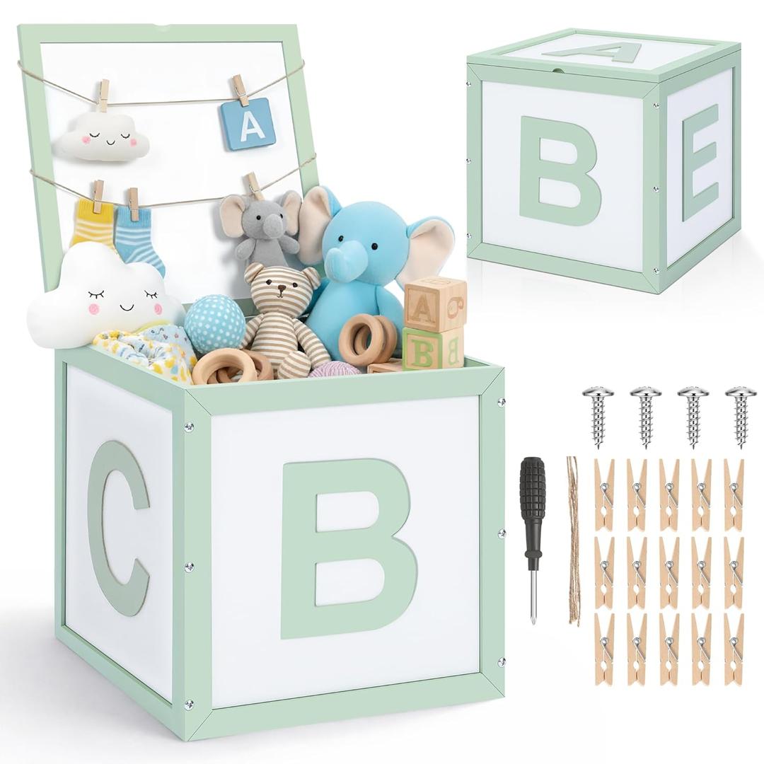 Novabright Wooden Baby Shower Box New Baby Crate Closet for Pregnancy New Parent Party Decorations with Letters Shower Gifts Basket Party Blocks Backdrop for Boys and Girls(Sage Green)
