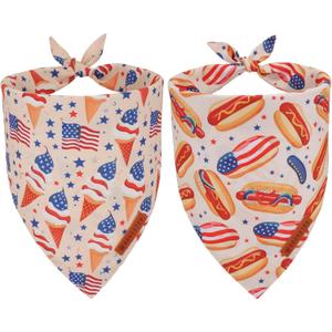 ADOGGYGO American Flag Dog Bandana, Ice Cream Hamburg Flag Pet Scarf, Premium Durable Fabric, Patriotic 4th of July Bandanas for Medium Large Dogs Pets (Large)
