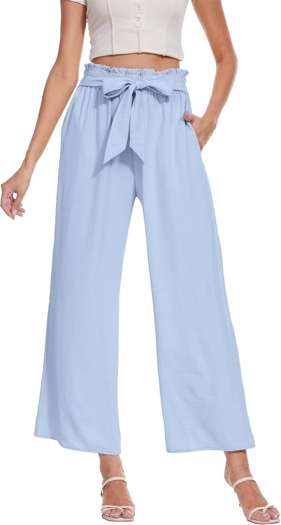 Beautiful Nomad Women's Wide Leg Lounge Pants High Waist Adjustable Knot Loose Casual Work Flowy Trousers with Pockets (Medium, Haze Blue)