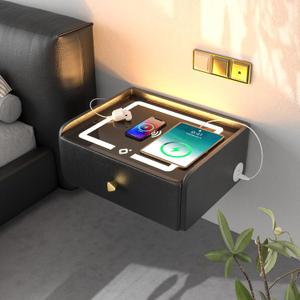 HOMEMORE Floating Nightstand with Charging Station Bedside Table LED Smart Bedside Table Wall Mounted Nightstand Black
