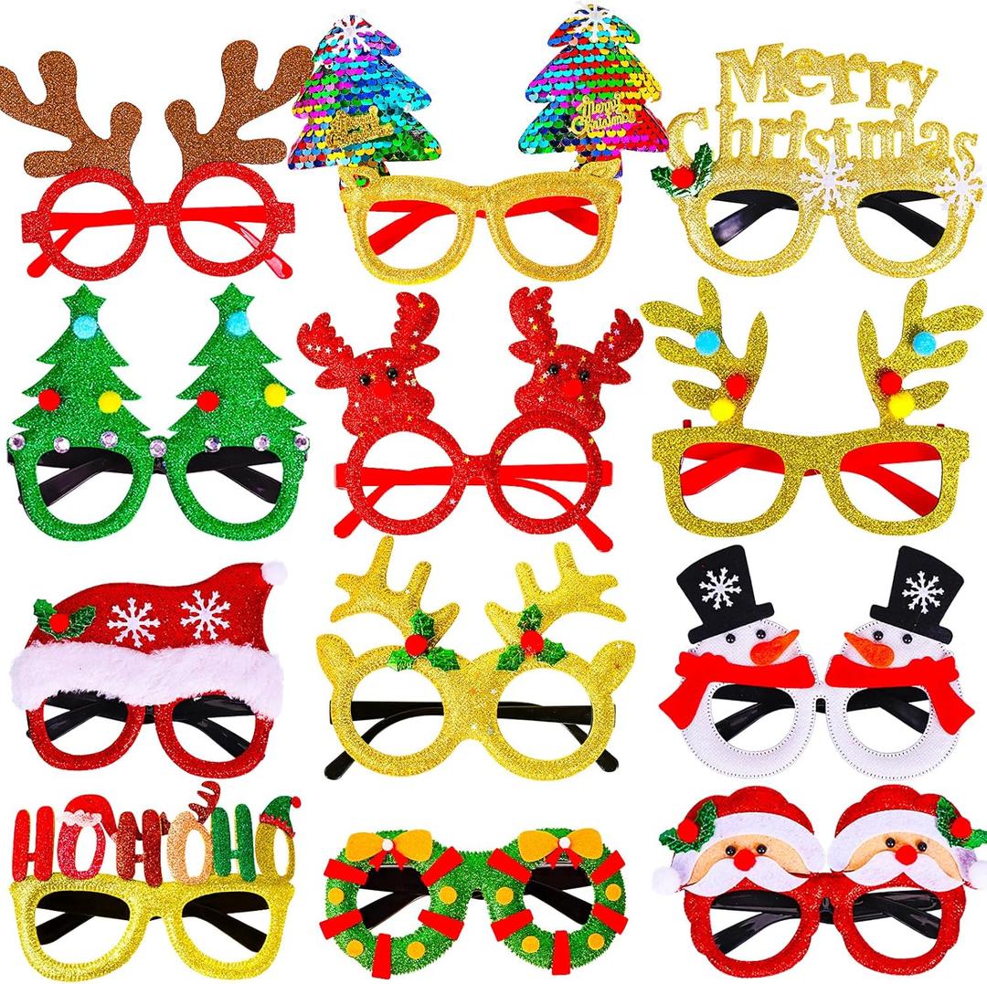 Max Fun 12Pcs Christmas Glasses Glitter Holiday Party Glasses Frames Christmas Decoration Accessories Costume Eyeglasses for Christmas Parties Holiday Favors (One Size Fits All)