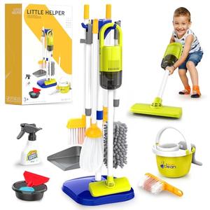 PUPU PIG Toddler Toys Cleaning Set, Kids Cleaning Toy Set, Pretend Play Home Cleaning Playset - Incl.Electric Toy Vacuum, Broom and Dustpan Set, Mop,Duster and More,Cleaning Tools Toys for Boys Girls