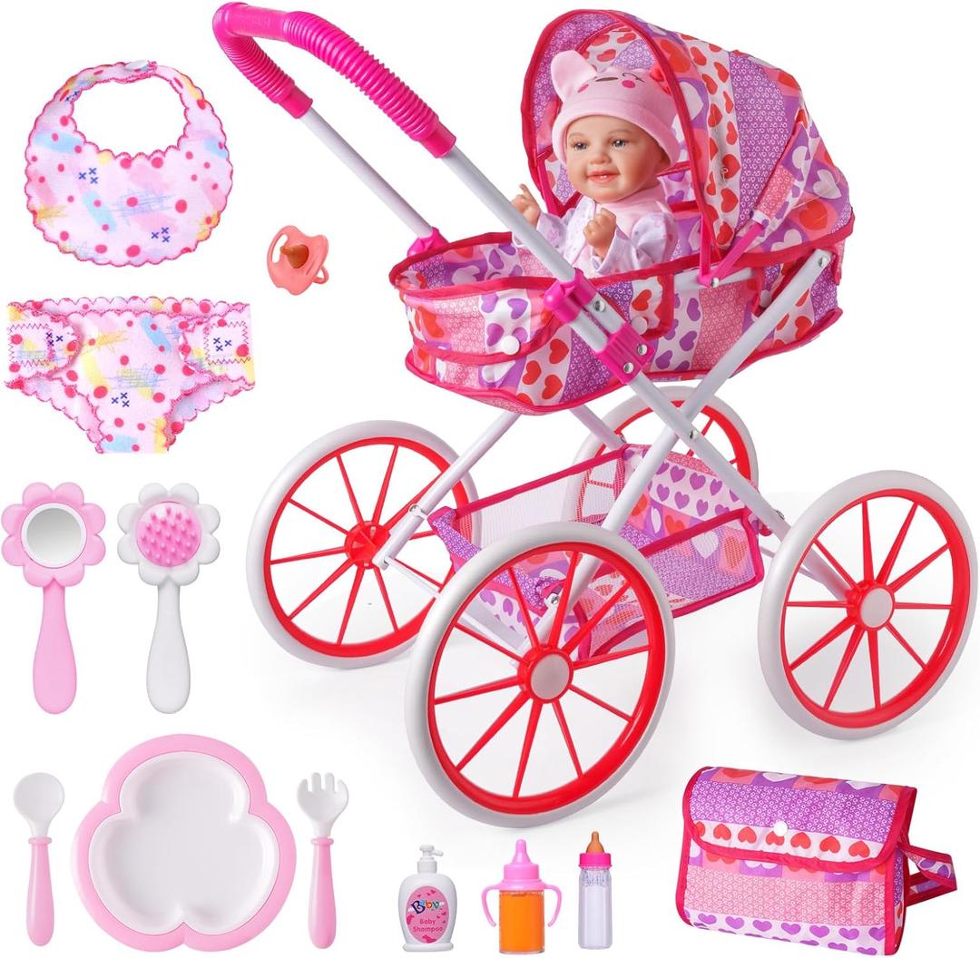 BABESIDE 10 Pcs Baby Doll Stroller Set with Feeding Doll Accessories, Baby Doll Stroller Toys for 12 Inch Dolls, Pretend Play Feeding Toy for Toddlers (Doll Not Included)