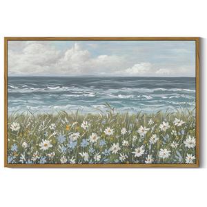 SHENIFY Vintage Landscape Framed Wall Art Sea Coastal Wildflower Field Scenery Farmhouse Decor Retro Painting for Living Room Bedroom Ready to Hang Wall Artwork - 24x36in Natural Framed