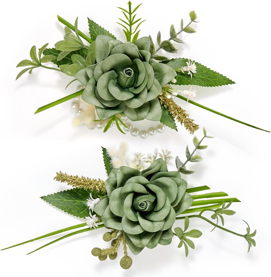 Serwalin 2 Pcs Wrist Corsage and Boutonniere Set, 6-7 Inch Green Corsage for Wedding, Boutonniere for Men Corsage Wristlet Prom Ceremony Anniversary Accessories Suit