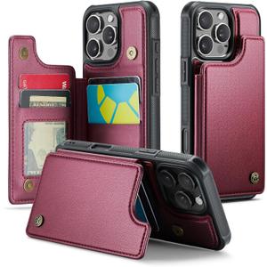 Compatible with iPhone 16 Pro 6.3" Wallet Case with Card Holder RFID Blocking for Women Men, Double Magnetic Clasp Kickstand Shockproof Phone Case Fit for iPhone 16 Pro, Red