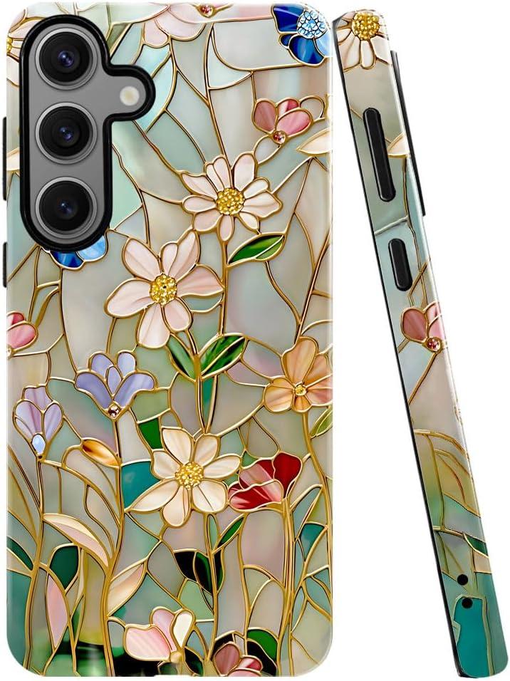 Case for Samsung Galaxy S24,Stained Glass Bloom Flower Phone Case Drop Resistant Glossy 2 in 1 Solid Dual-Layer Cover for Girl Women