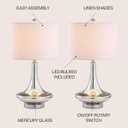 JONATHAN Y 25.5" Mercury Silver Glass Teardrop Table Lamp Set of 2 for Bedroom, Modern Bedside Lamps for Living Room, White Linen Drum Shade, LED Bulbs Included JYL1081A-SET2