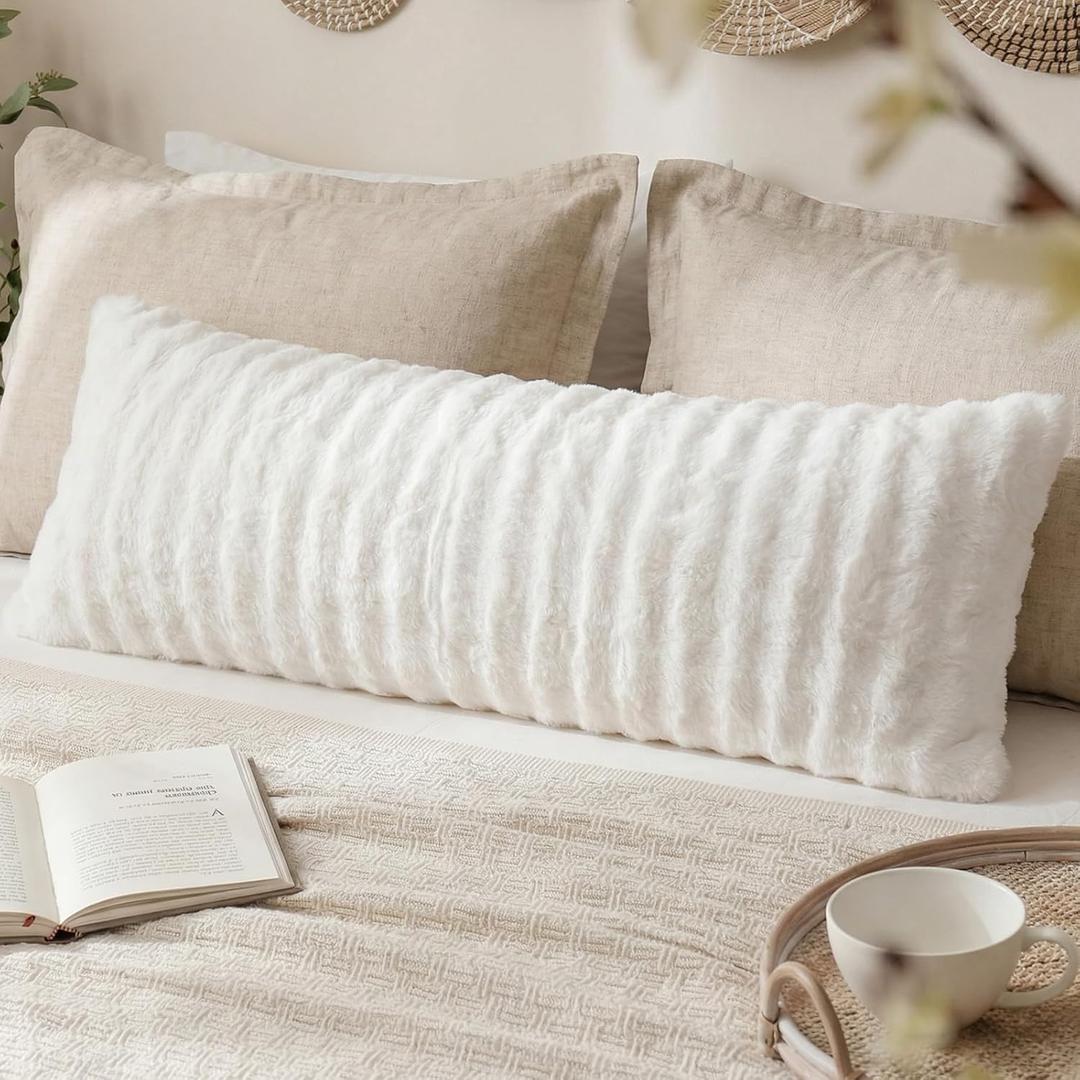 Faux Fur Body Pillow Cover, Super Soft Fuzzy Plush Bedding Pillow Long Pillowcases 1 Pieces, Chic Striped Plaid Geometry Decorative White Body Pillowcase for Couch, Bed, 20 x 54 Inches