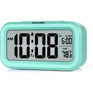 Peakeep Night Light Digital Alarm Clock Battery Operated with Indoor Temperature, Desk Small Clock (Mint)