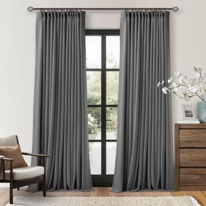 Grey 96 Inch Blackout Pinch Pleated Curtains 2 Panel Set for Living Room Darkening Thick Linen Textured 100% Black Out Drapes 96 Inches Long Pinch Pleat Light Blocking Bedroom Charcoal Dark Gray