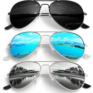 Pilot Sunglasses Men Womens Lightweight Metal Frame Polarized Shades UV400 Protection (Black/ Blue/ Silver)