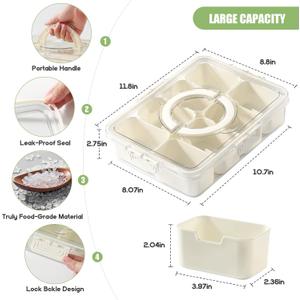 Snackle Box Container with Sealed Lid Portable BPA-Free Snack Box with Foldable Handle, Divided Serving Tray for Fruit, Candy, Nuts & Veggies Perfect for Travel, Picnic, Beach & Party 11.8" x 8.8"