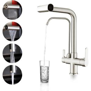 QAOYEDE Kitchen Faucet with Drinking Water Faucet, Pull Down 4 Functions Sprayer 2 Handle 3 in 1 Filter Purifier Faucets, Waterfall Kitchen Sink Faucet with Drinking Water Tap Brushed Nickel