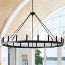 53 Inch Black Extra Large Wagon Wheel Chandelier, 20-Lights Farmhouse Industrial Round High Ceiling Pendant Light Adjustable Chain for Outdoor Porch,Foyer,Dining Room, Living Room