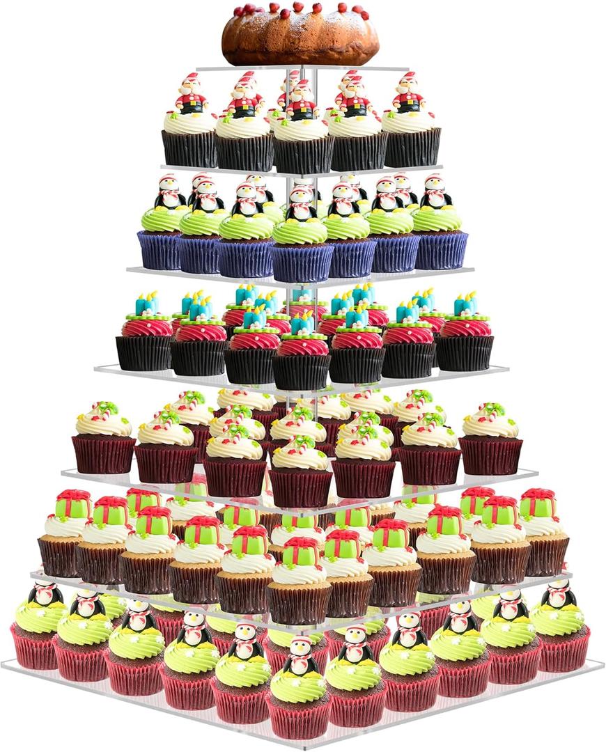 7 Tier Large Cupcake Stand, Square Cupcake Stand for 150 Cupcakes, Tiered Cupcake Holder Stand, Clear Acrylic Cupcake Tower Stand, Dessert Table Display Set for Gatherings and Celebrations